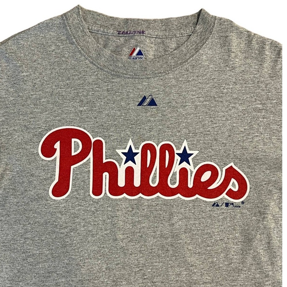 VTG Majestic Philadelphia Phillies MLB T Shirt Mens Small Gray 2008 Baseball Tee